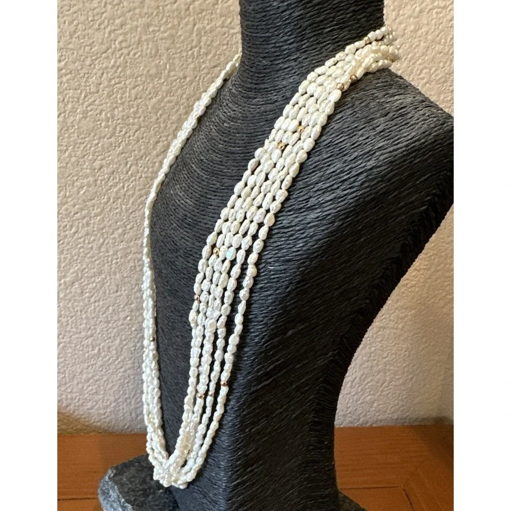 VTG Six Strand Seed Pearl Necklace Gold Tone Clasp Beads Hand Knotted Classic
